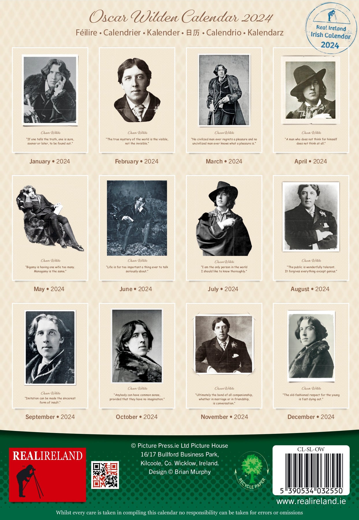 Slim Oscar Wilde Calendar 2024 Irish Calendars